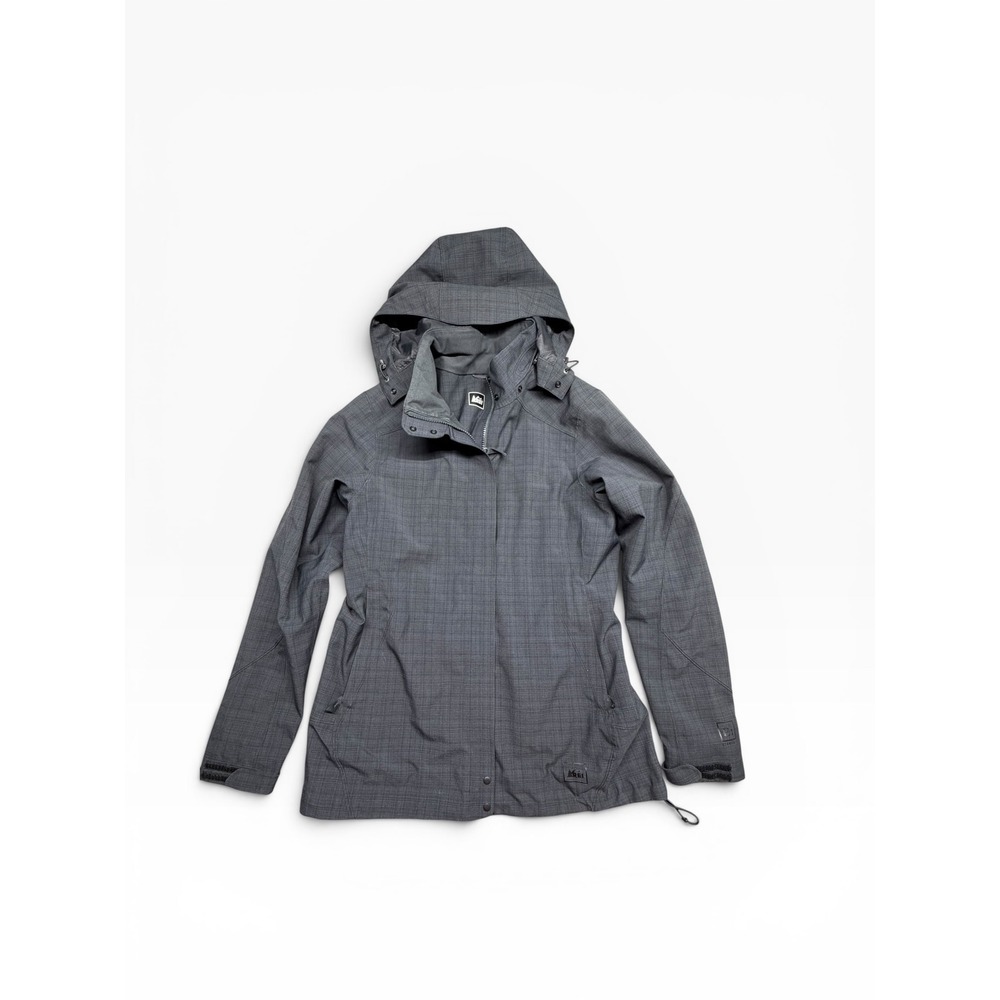 REI Elements Womens Gray Grid Waterproof Rain Jacket Removable Hood Medium